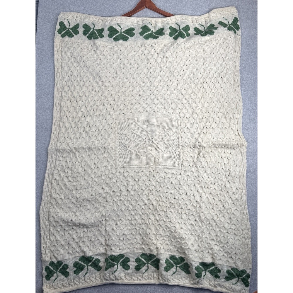 Aran Isles Knitwear 100% Merino Wool Irish Throw‎ Blanket Shamrock 40x60 Cable